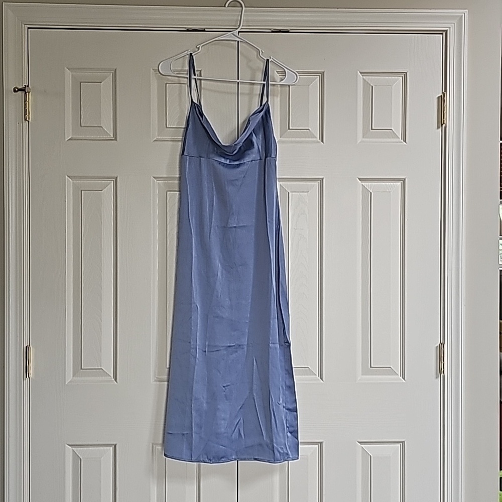 Weworewhat slate blue satin charmeuse slip cowl midi dress spaghetti straps 4